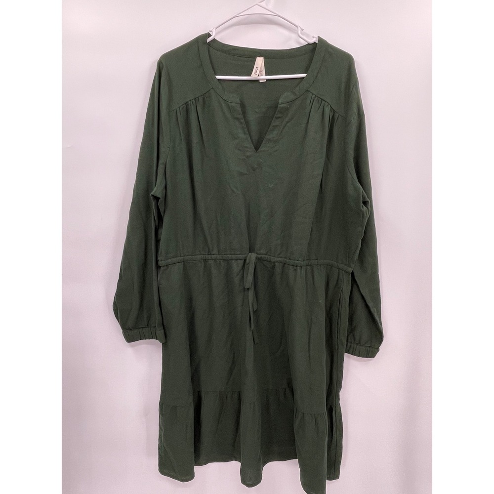 Pact XL Dress Women Green Organic Cotton Long Sleeve Drawstring Tiered Hem